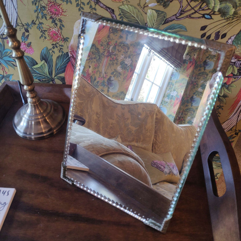 Vintage arts and crafts 1940s oak and bevelled edge copper corner table mirror