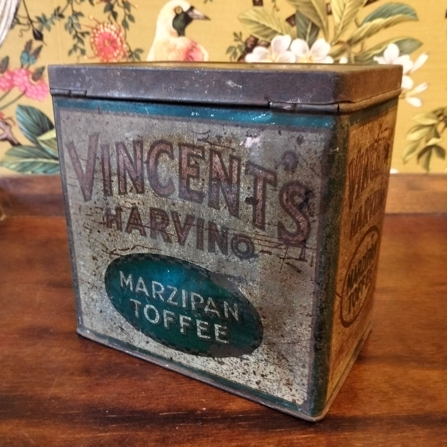 Vintage Vincent’s Harvino Marzipan Toffee Tin England, c. 1920s–1930s