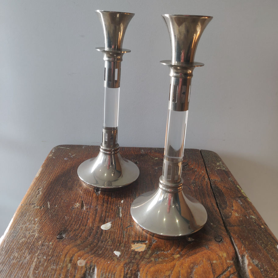 Vintage pair silvered and glass art deco or modernist style candle sticks