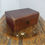 Minijatura: Antique early 20th century leather bound silk lined oak jewelry box 
