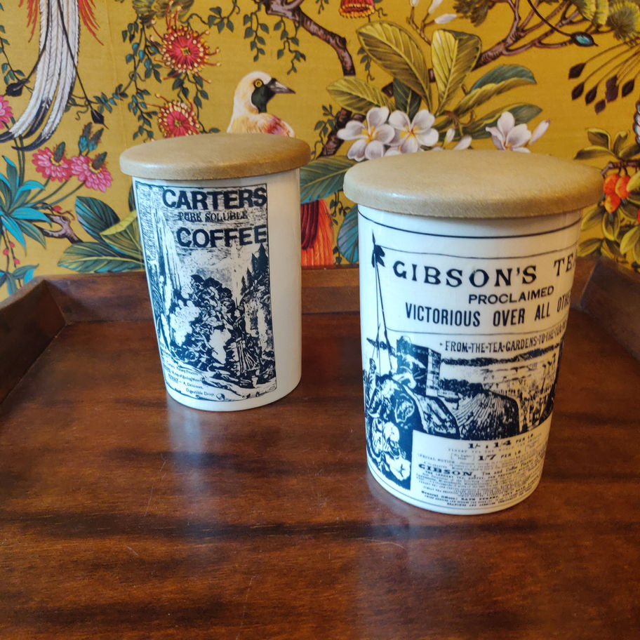 Vintage crown Devon crackle glaze coffee and tea storage jars with original lids