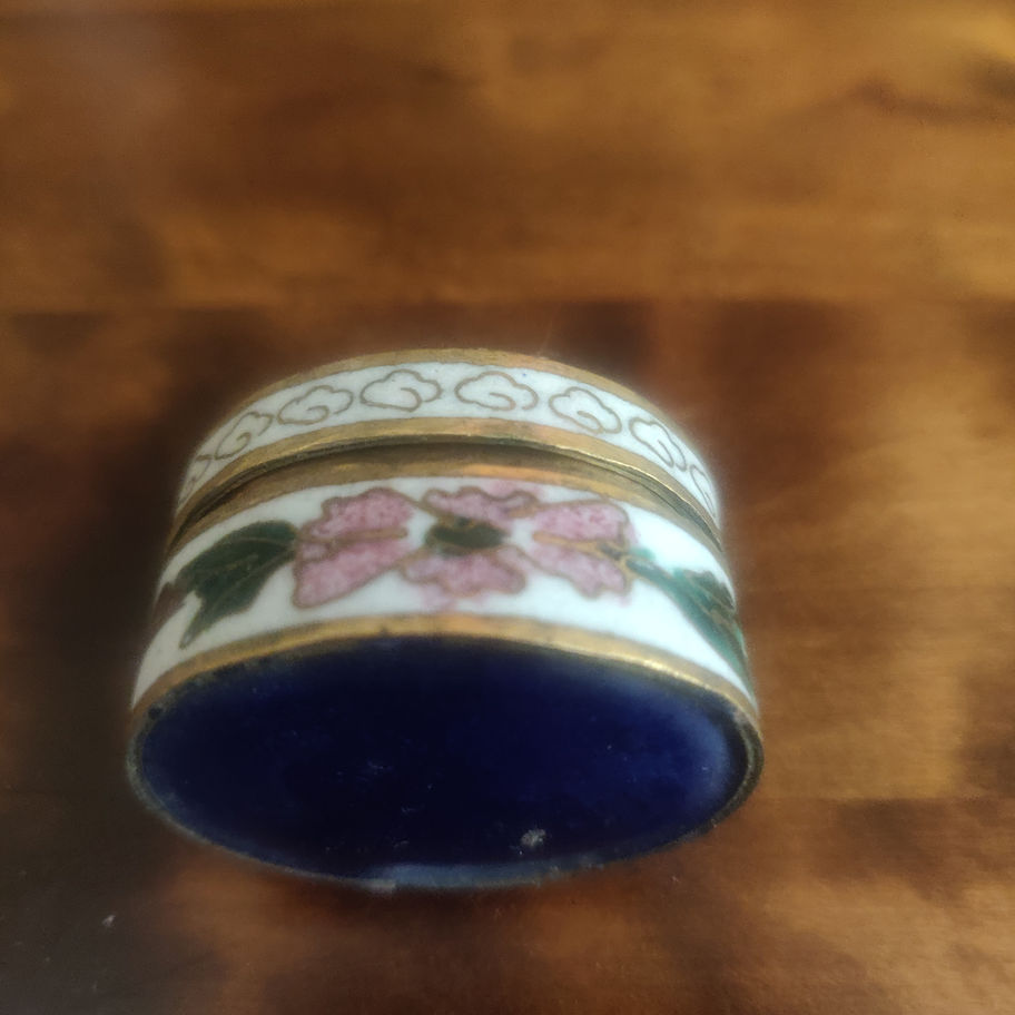 Antique ( we believe Victorian) enamel and brass pill box with needlepoint lid