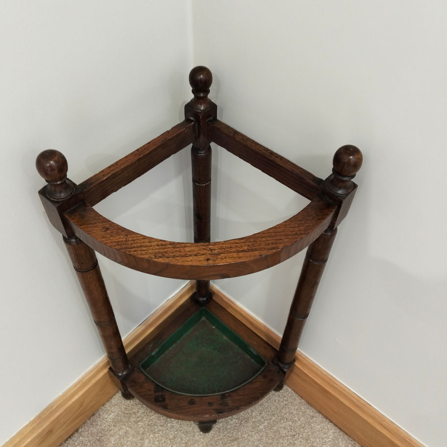Antique Late Victorian Oak Corner Umbrella & Stick Stand with Metal Drip Tray