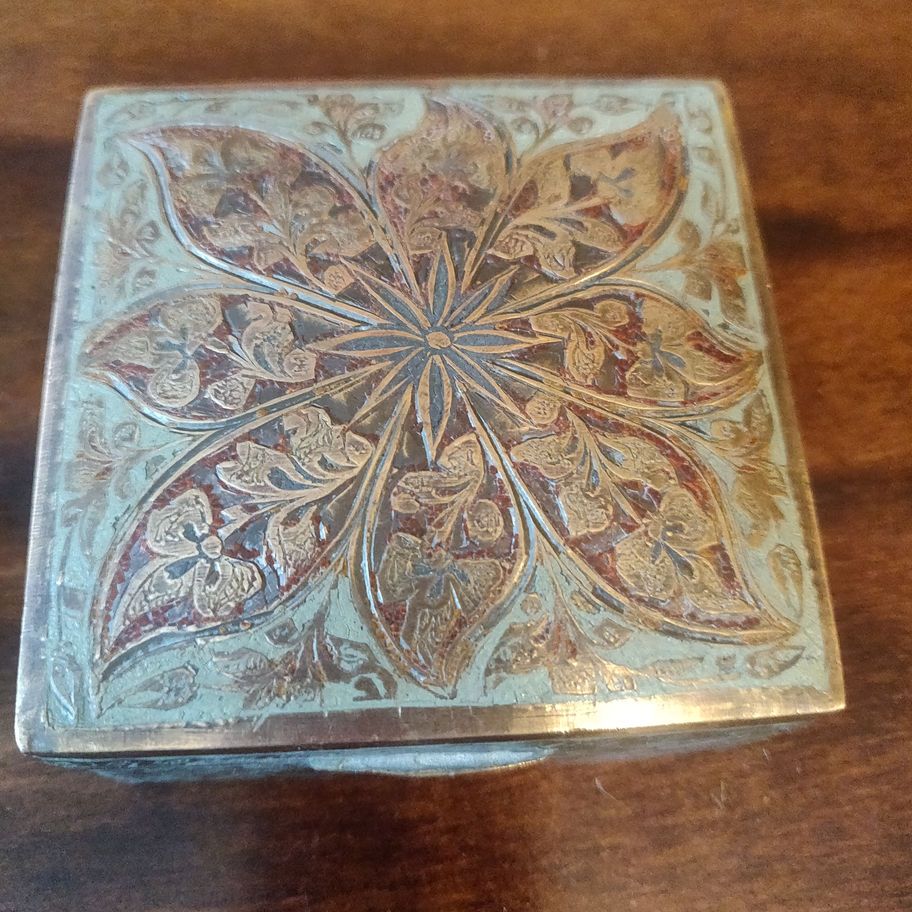 Antique late 19th or early 20th century brass copper and wood Indian trinket box