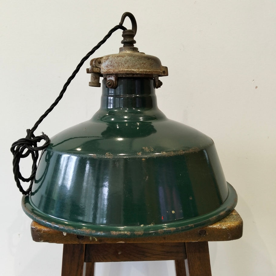 Vintage Green Enamel Industrial Pendant Light large with gallery original!