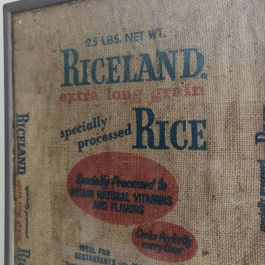 Vintage riceland framed hessian sack art