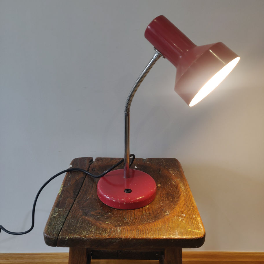 Vintage adjustable red metal base and cover desk lamp