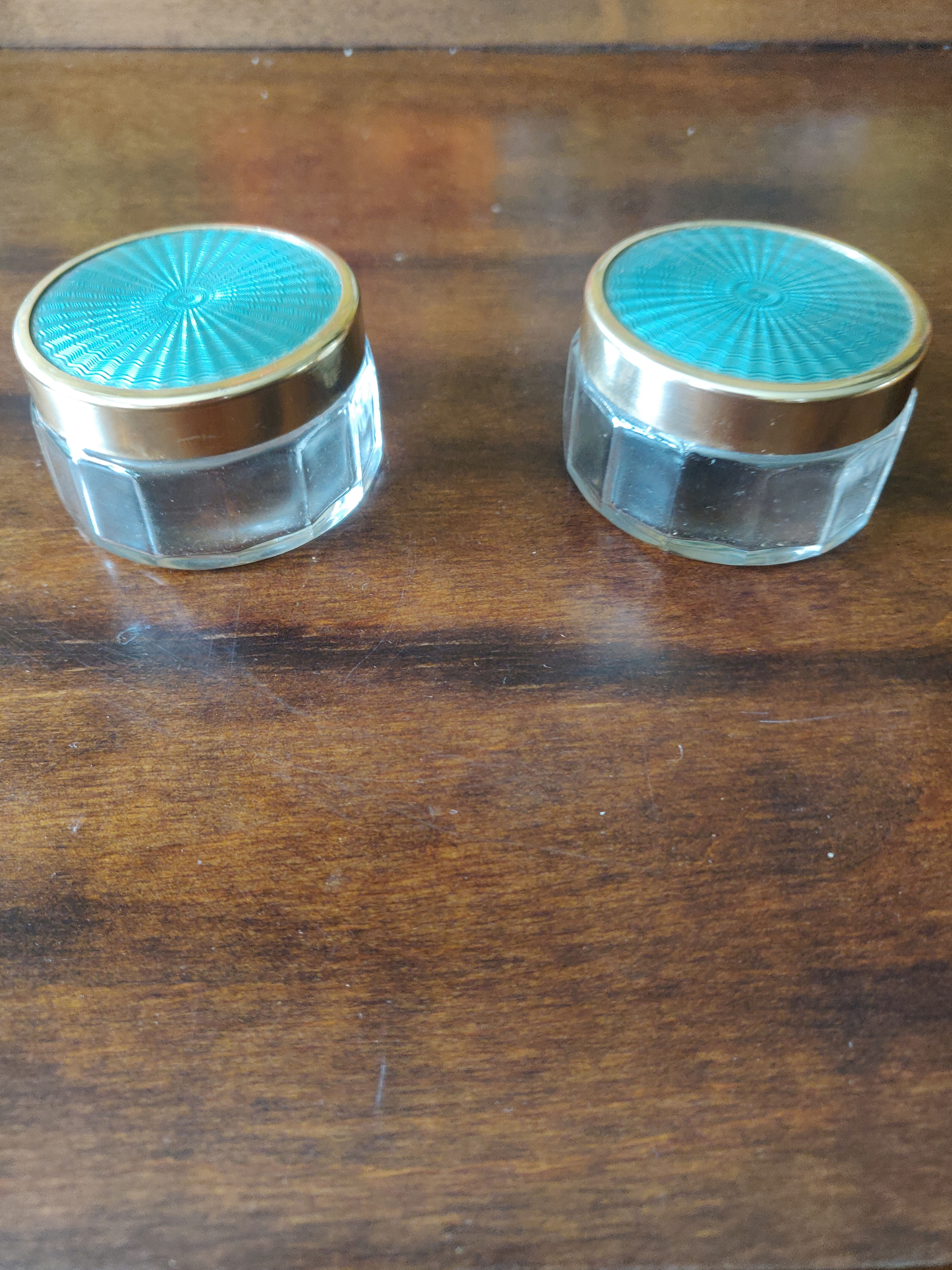 Art Deco style pair of dressing table jars with faux enamel top