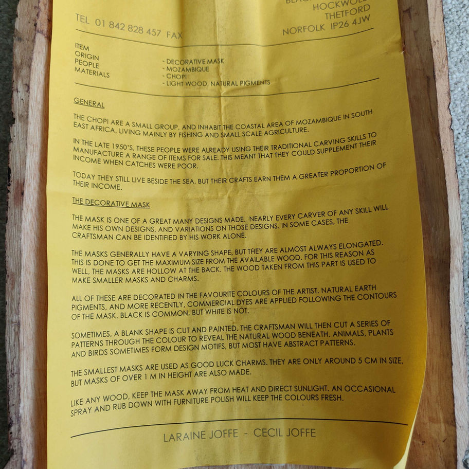 Decorative mask hand made by the chopi people of Mozambique