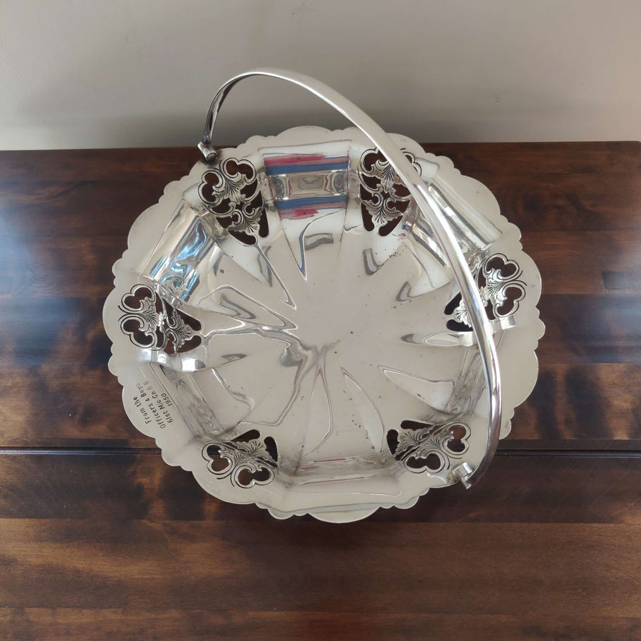 Vintage 1950 epns silver plate swing handle fruit bowl engraved boys brigade