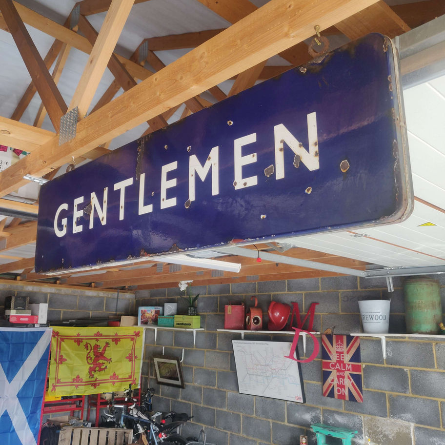 Antique Victorian probably early 1900s blue enamel gentlemen train station sign