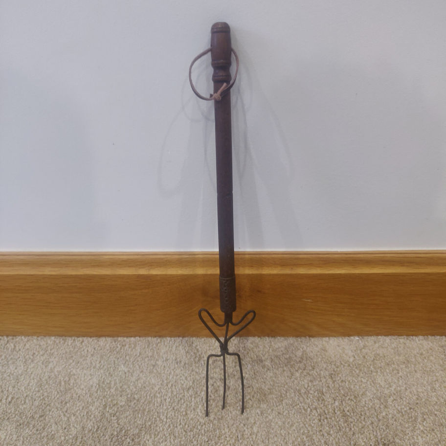 Antique Victorian early 19th century three prong roasting fork with oak handle