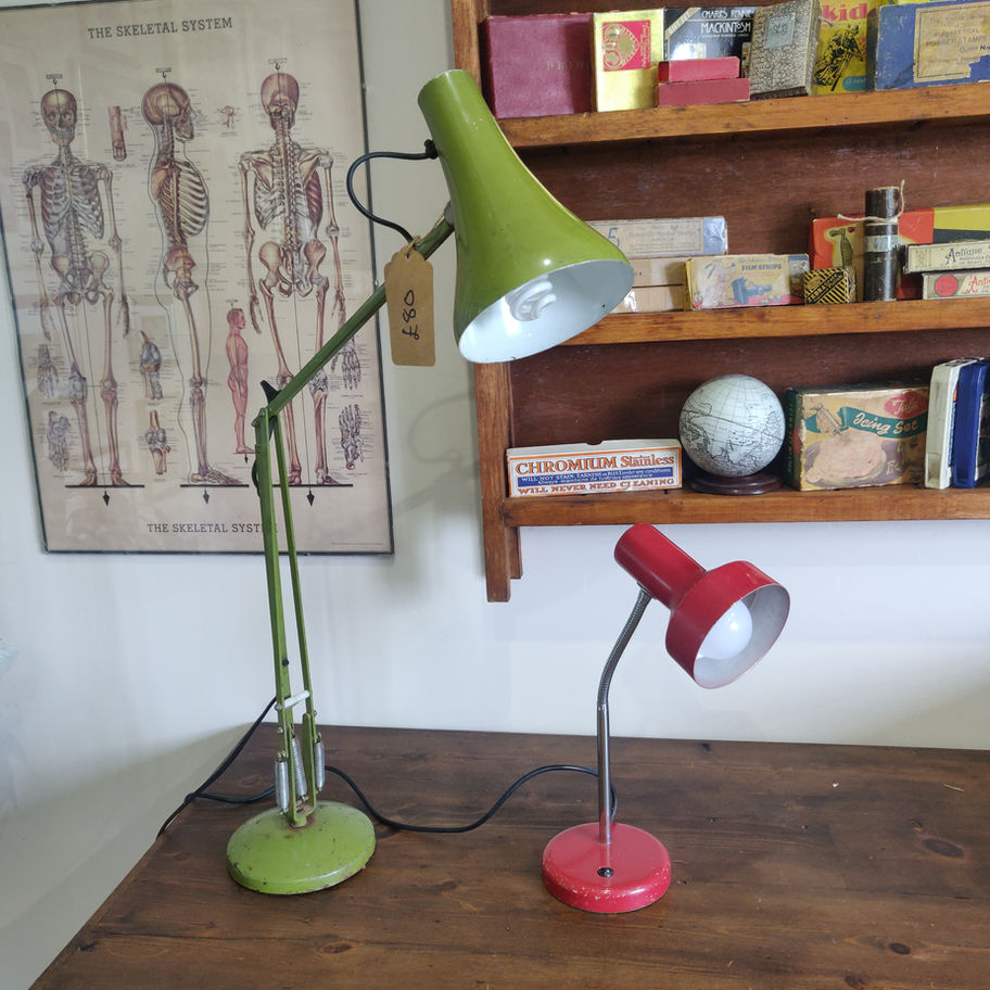 Vintage adjustable red metal base and cover desk lamp