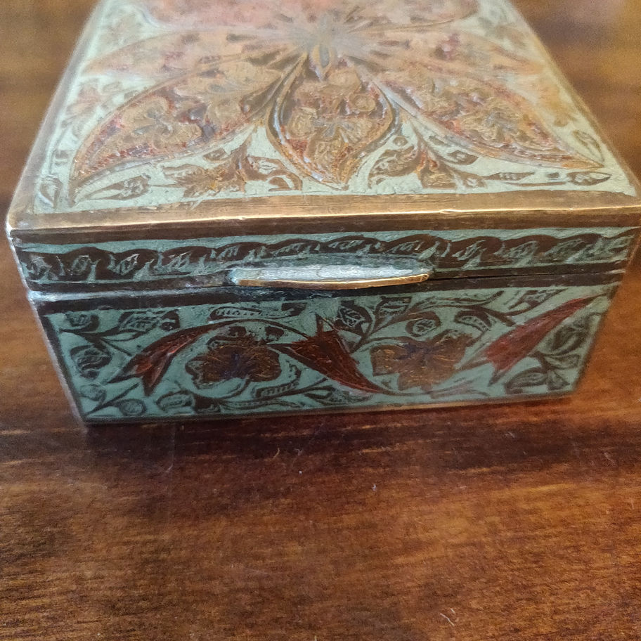 Antique late 19th or early 20th century brass copper and wood Indian trinket box