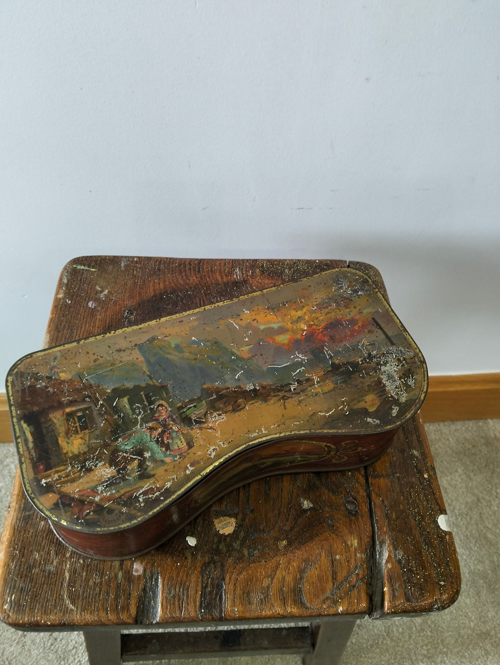 Thumbnail: Antique Scenic Lithographed Biscuit Tin – Shaped Form with Rural Landscape