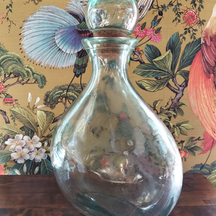 Vintage Hand-Blown Green Glass Demijohn / Apothecary Bottle with Glass Stopper