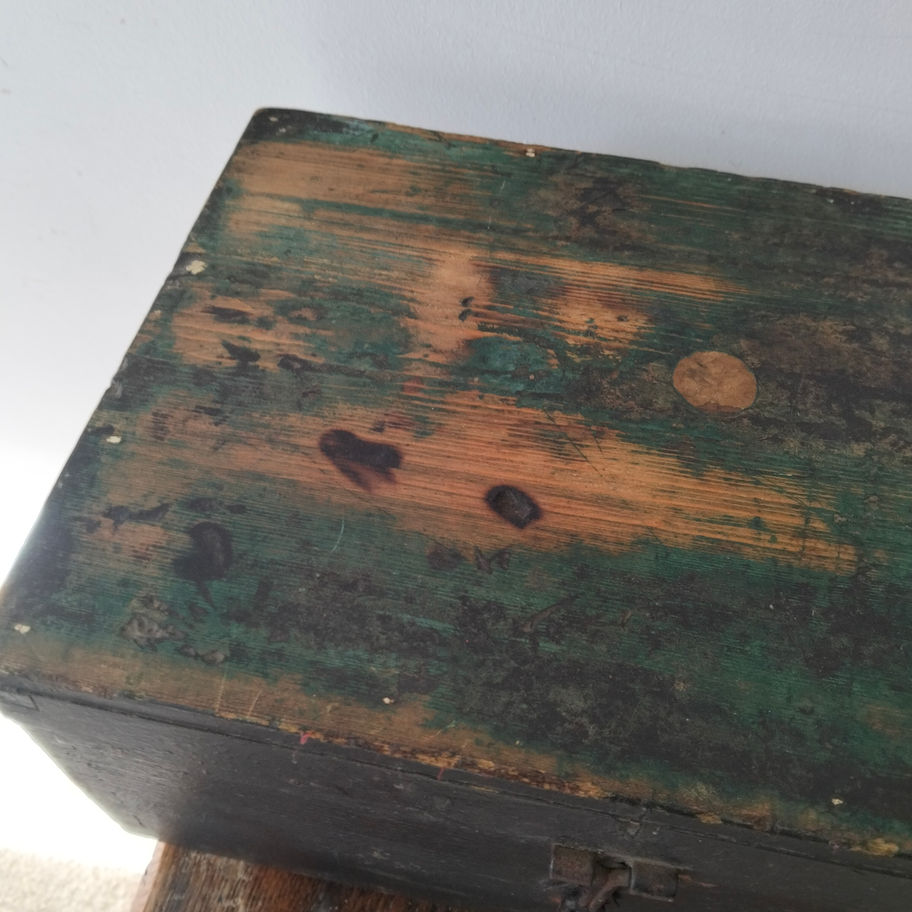 Vintage Painted Wooden Tool Chest – Rustic Workshop Storage Box