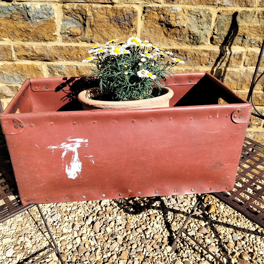 Vintage Riveted Leatherette Storage Bin / Industrial Display Basket