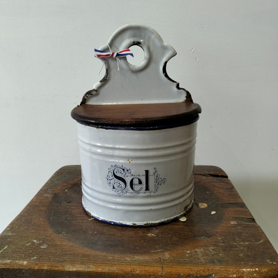 Antique French Enamel ‘Sel’ Salt Box with Wooden Lid – Rustic Kitchenalia