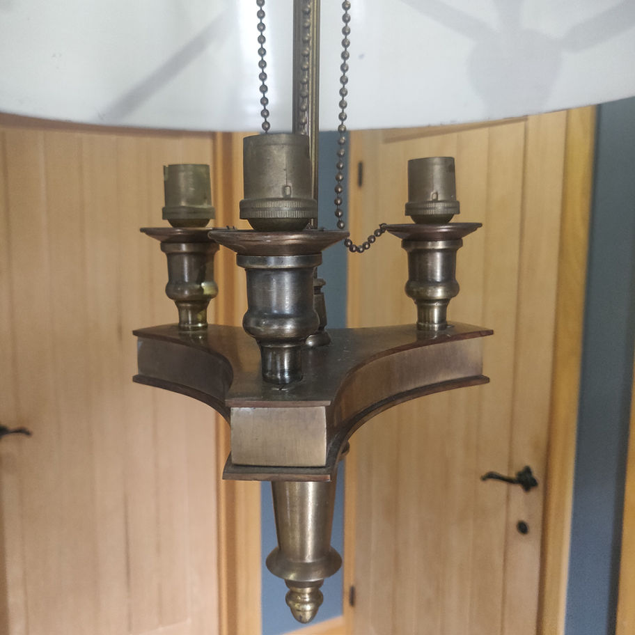Antique early 20th century bouillotte brass and enamel 3 light ceiling light