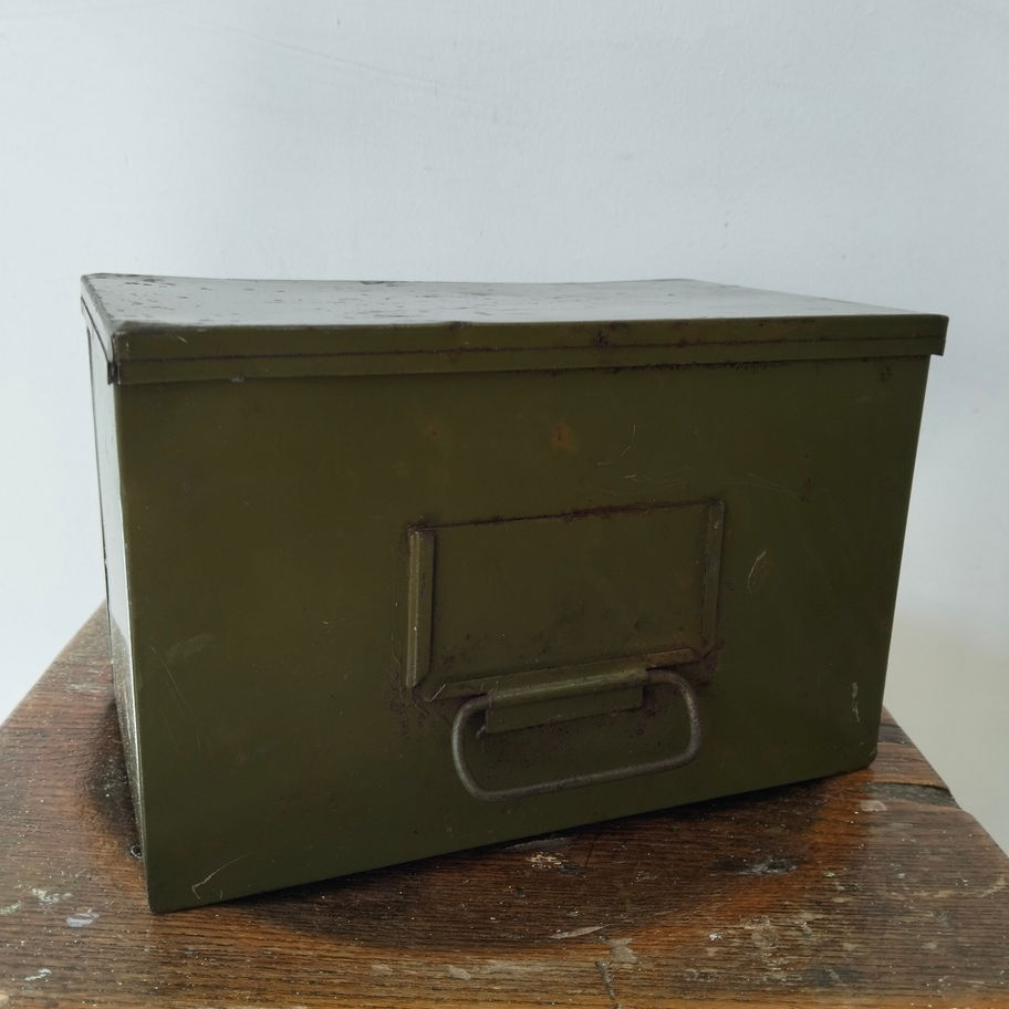 Vintage Military Green Steel Filing Index Box Industrial Storage c.1950s
