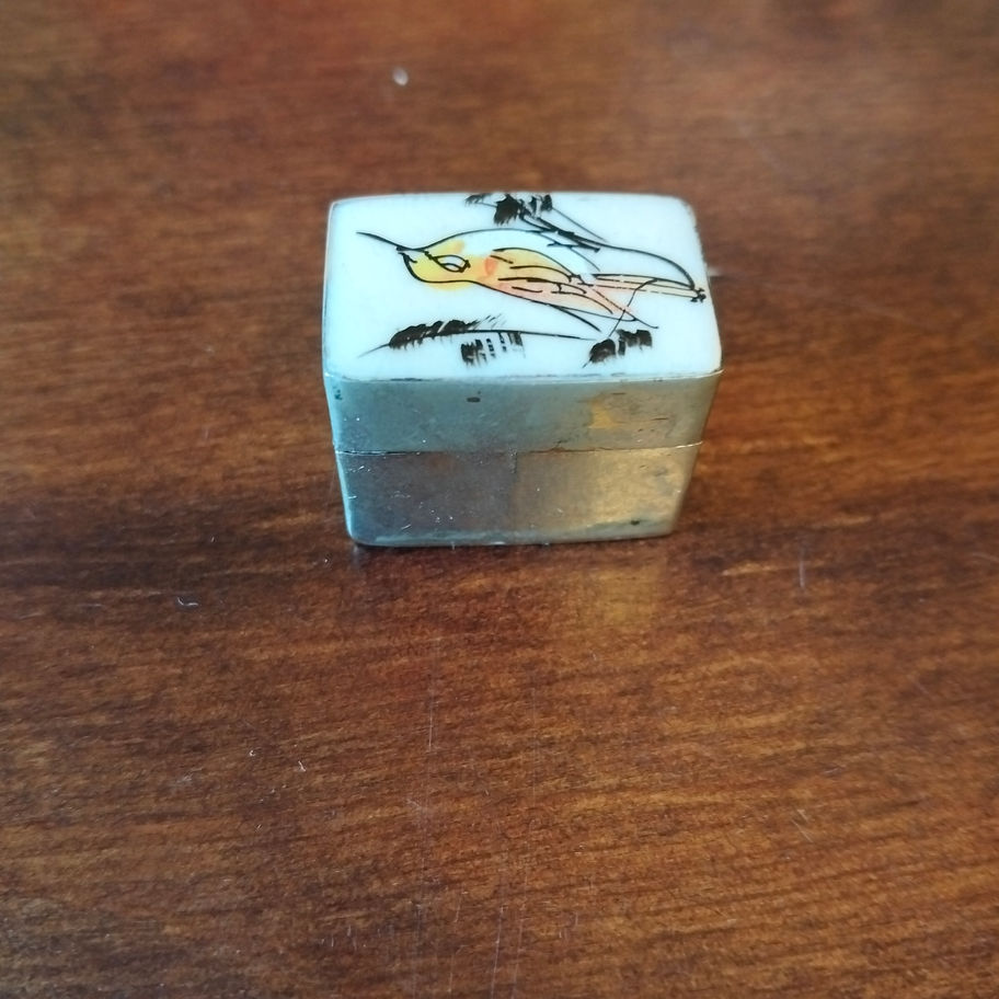 Vintage small metal brass/ silvered pill box with hand painted bird lid