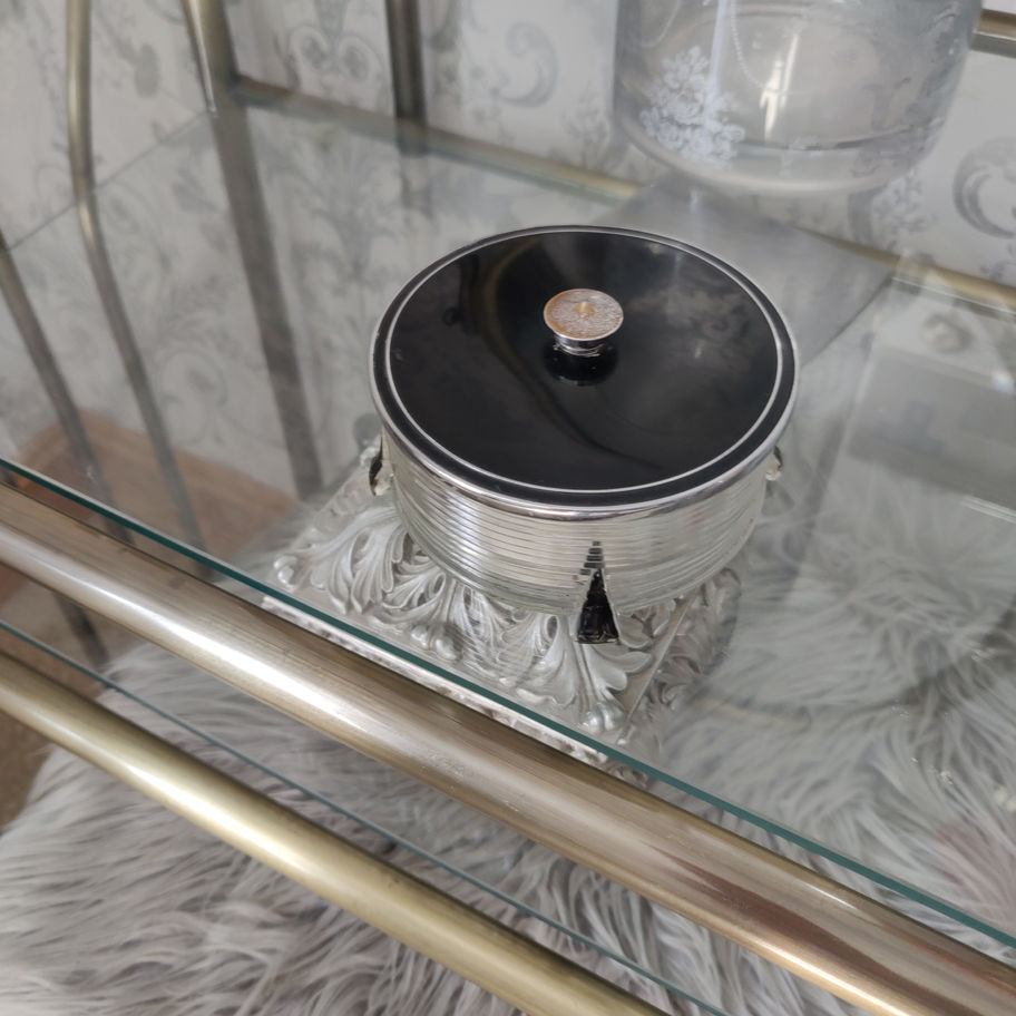 Art Deco 1920s glass and chrome lidded dressing table jar with amazing star base