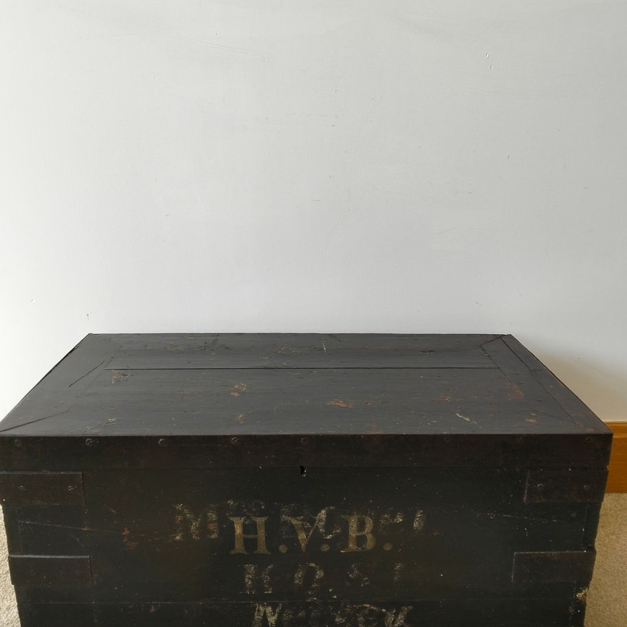 Antique Victorian Military Campaign Trunk – Black Painted Pine with HVB initials
