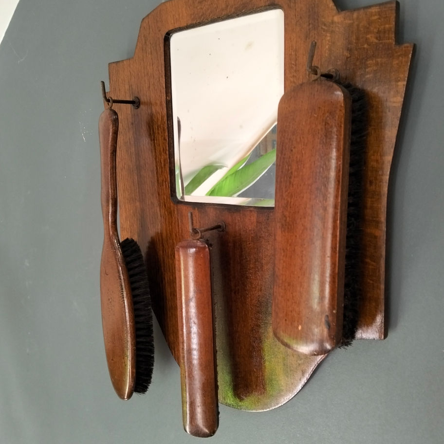 Antique early 20th century art deco oak hallway clothes brush and mirror set