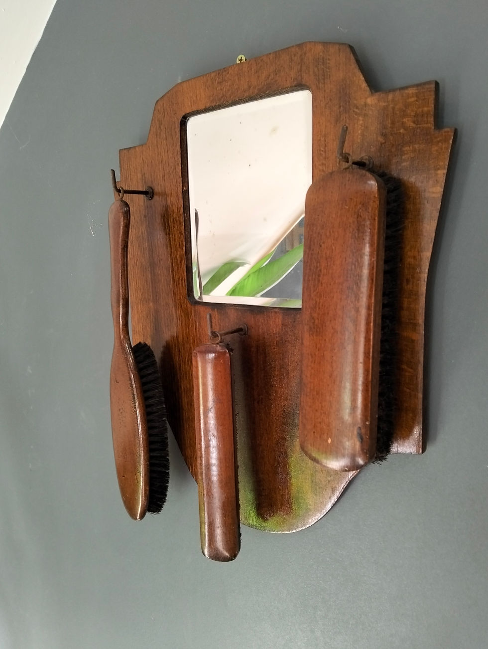 Antique early 20th century art deco oak hallway clothes brush and mirror set