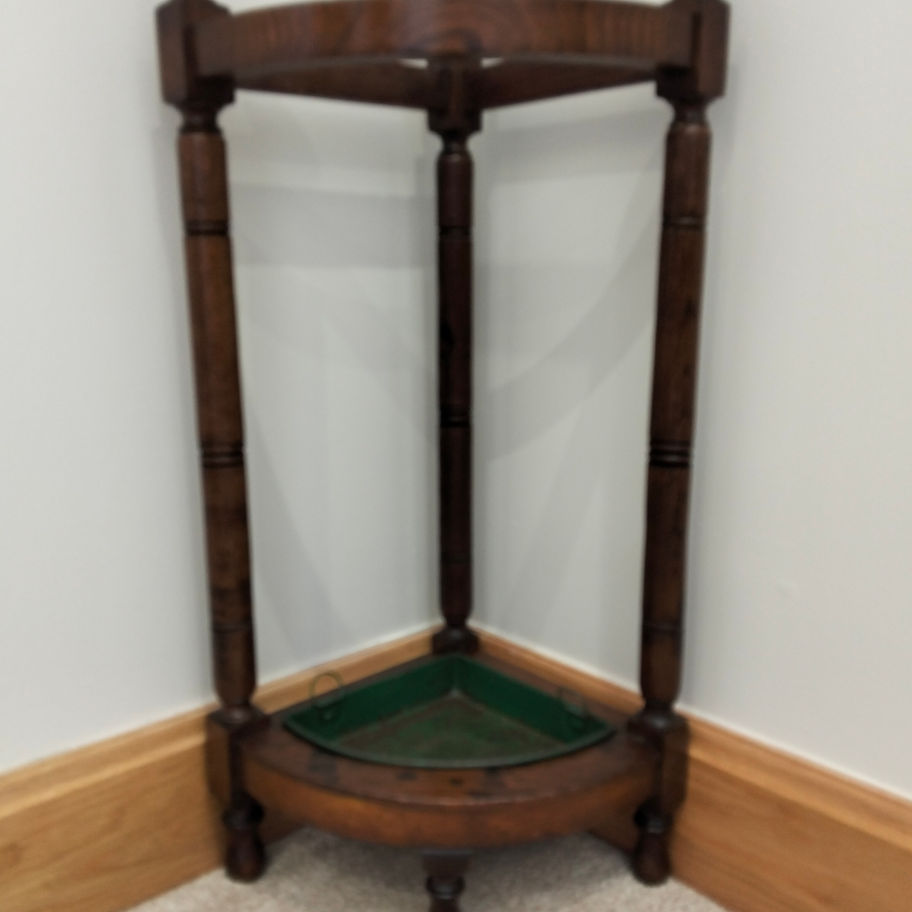 Antique Late Victorian Oak Corner Umbrella & Stick Stand with Metal Drip Tray