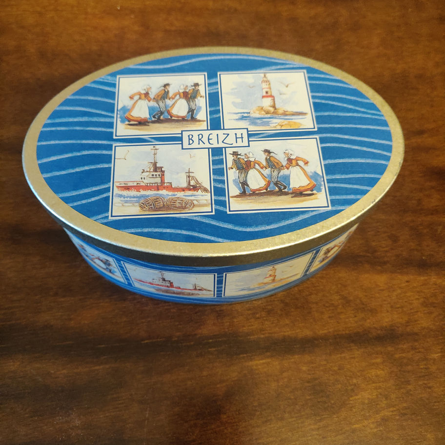 Vintage Breizh ( Brittany France )chocolate tin showing typical French images