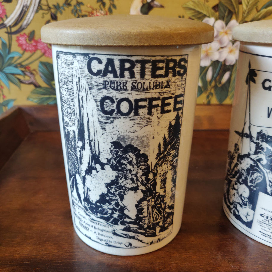Vintage crown Devon crackle glaze coffee and tea storage jars with original lids