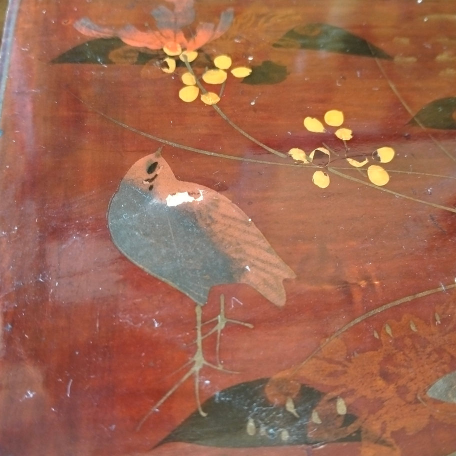 Vintage Chinese red lacquered box with hand painted bird decoration