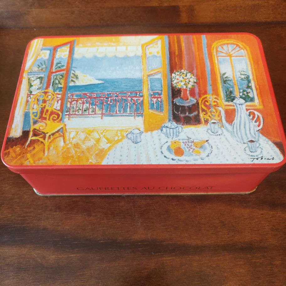 Vintage 2000 French Gaufrettes au chocolat tin with a sea view scene by Tobias