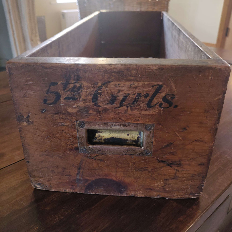 Vintage oak hand made drawer with the wording 5th girls
