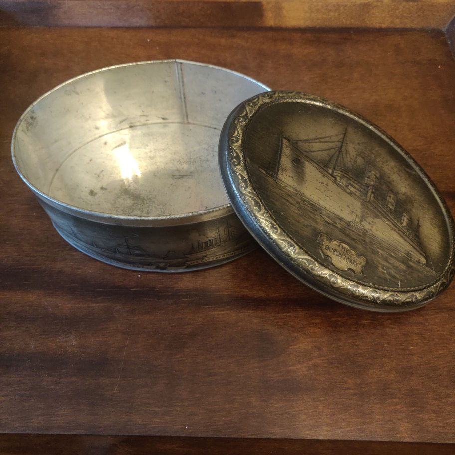 Vintage mid century Benson toffee tin featuring the queen Mary and other ships