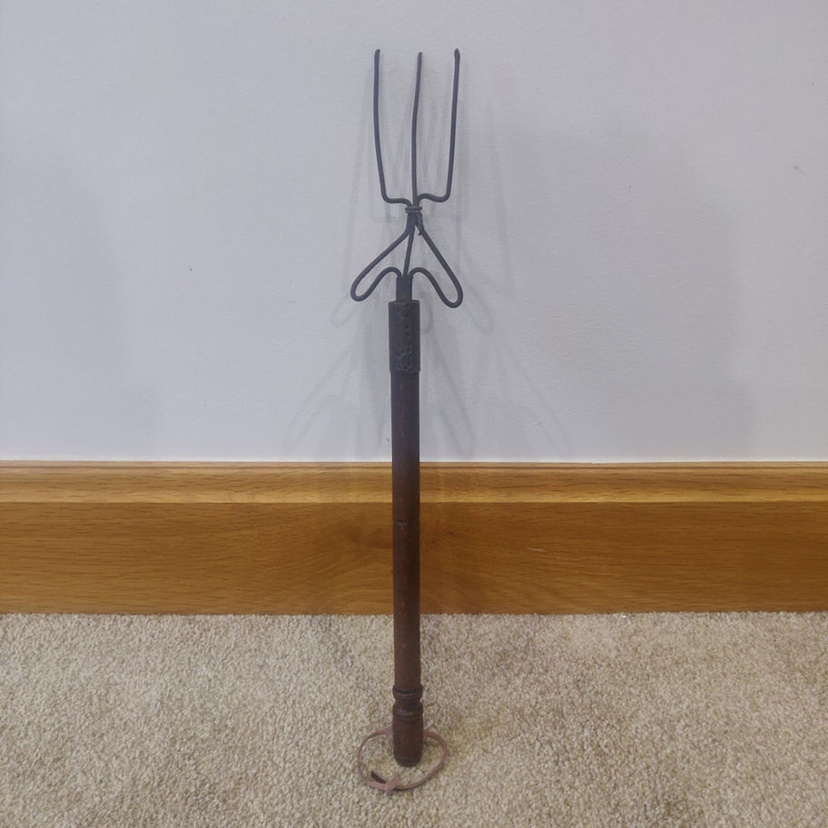 Antique Victorian early 19th century three prong roasting fork with oak handle