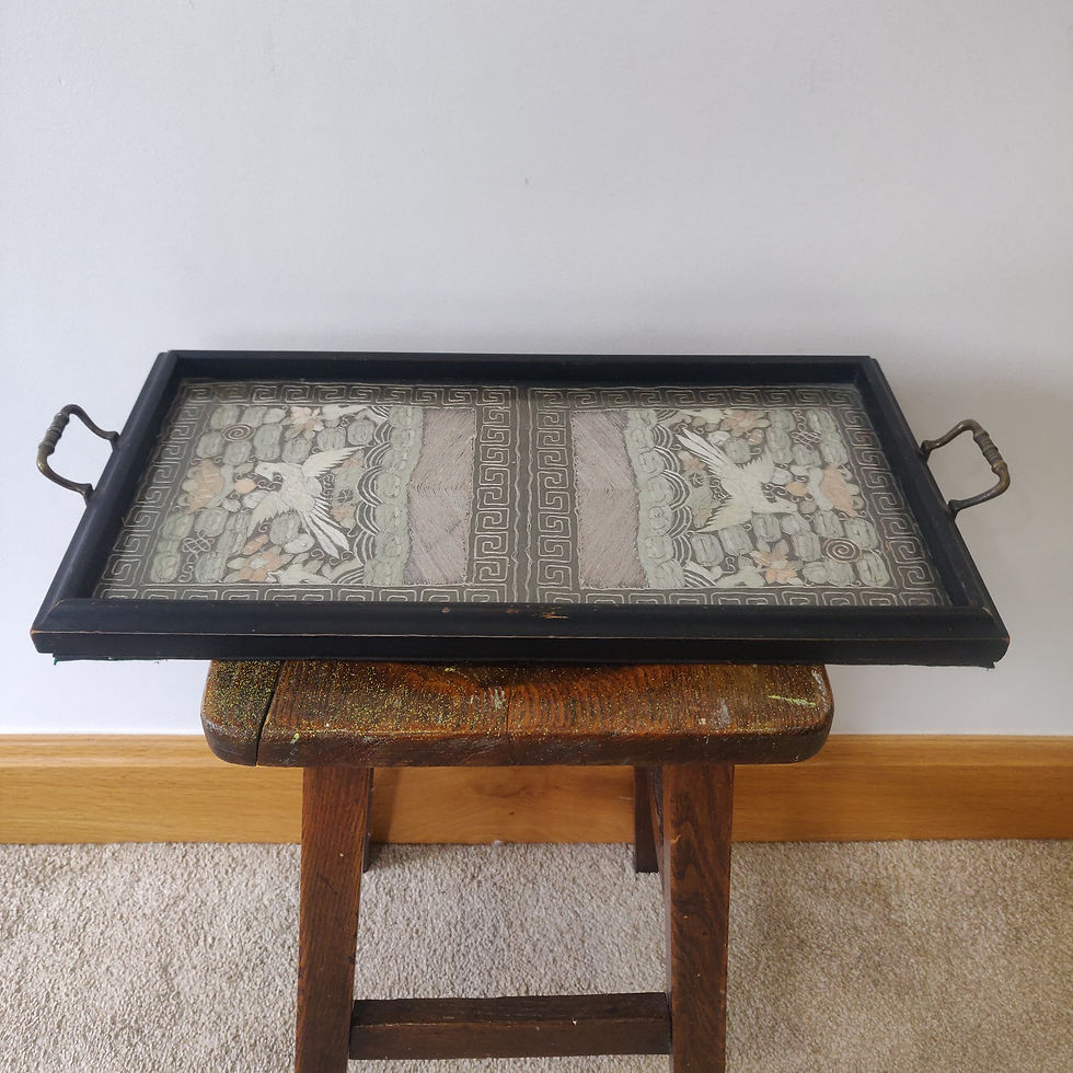 Antique Victorian or early 20th century oak tray Chinese embroidery sleeve band