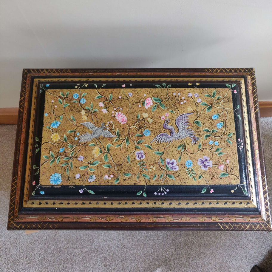 Vintage toleware hand painted large laquered wood and tin box