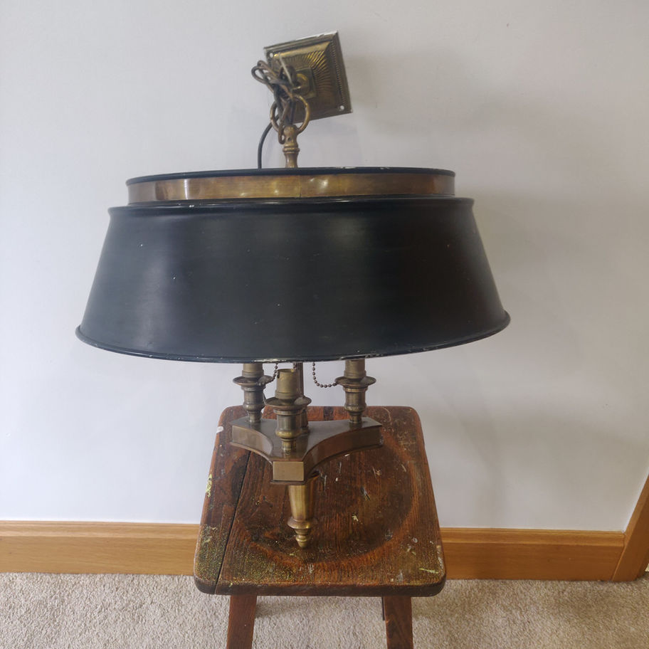 Antique early 20th century bouillotte brass and enamel 3 light ceiling light