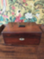 Antique Mahogany Jewellery Box with Mother of Pearl Escutcheon & Purple Velvet