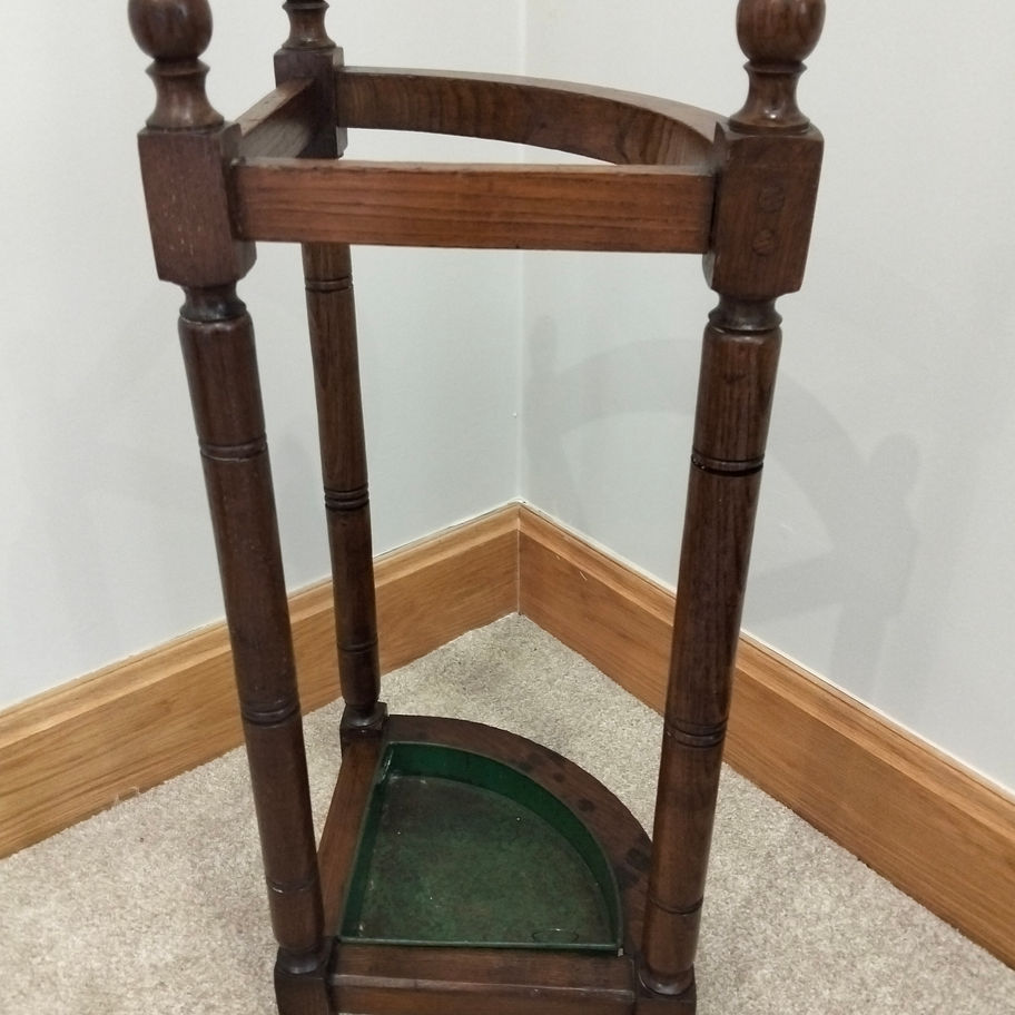 Antique Late Victorian Oak Corner Umbrella & Stick Stand with Metal Drip Tray