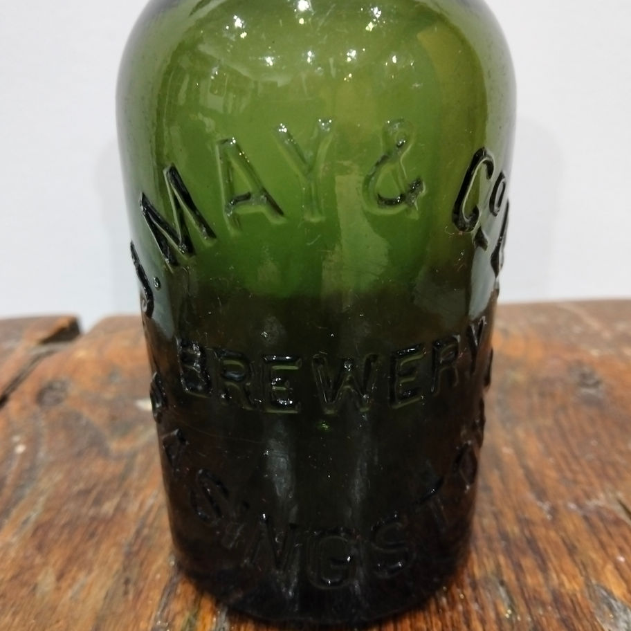 Antique Victorian late 19th or early 20th century J May brewery green bottle