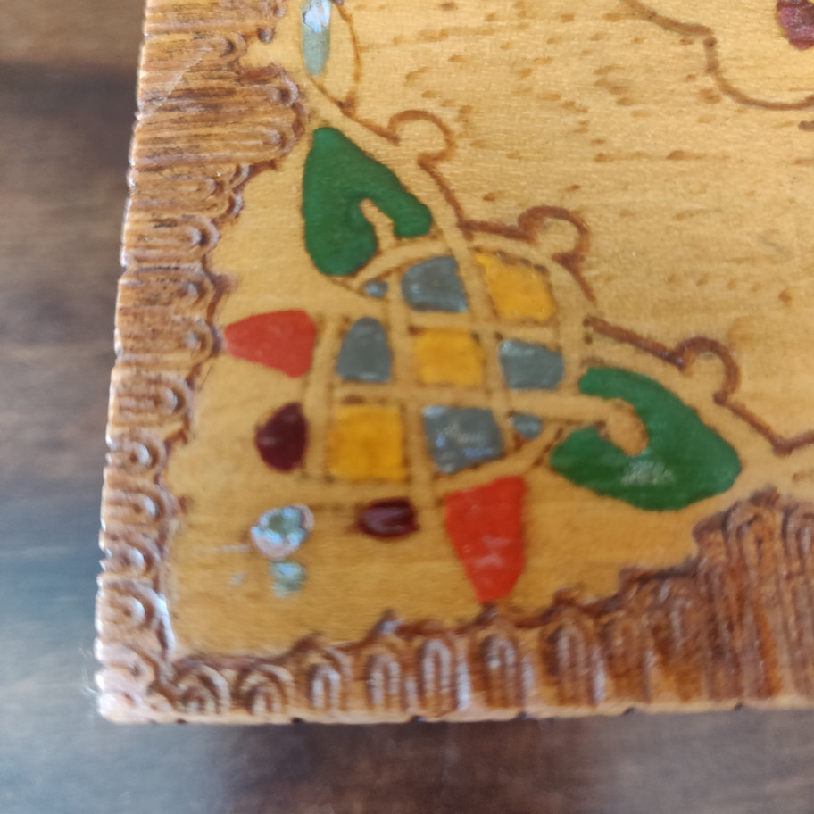 Vintage pyrography pine hand painted keepsake or jewellery box folk art style