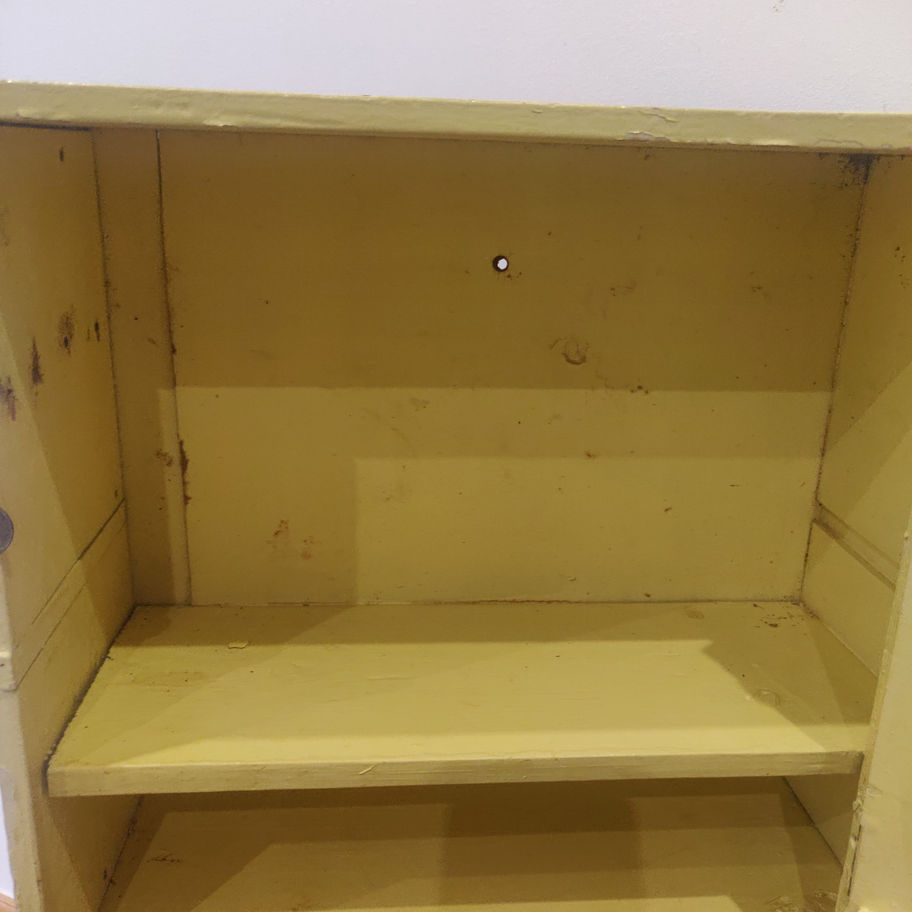 Vintage small oak painted yellow shabby chic cabinet fabulous in a bathroom!!