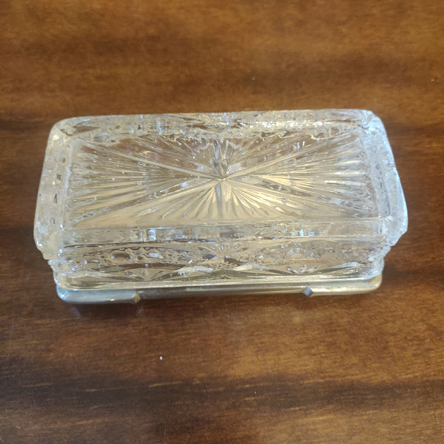 Antique early 20th century 1920s art deco pewter lidded cut glass dressing jar