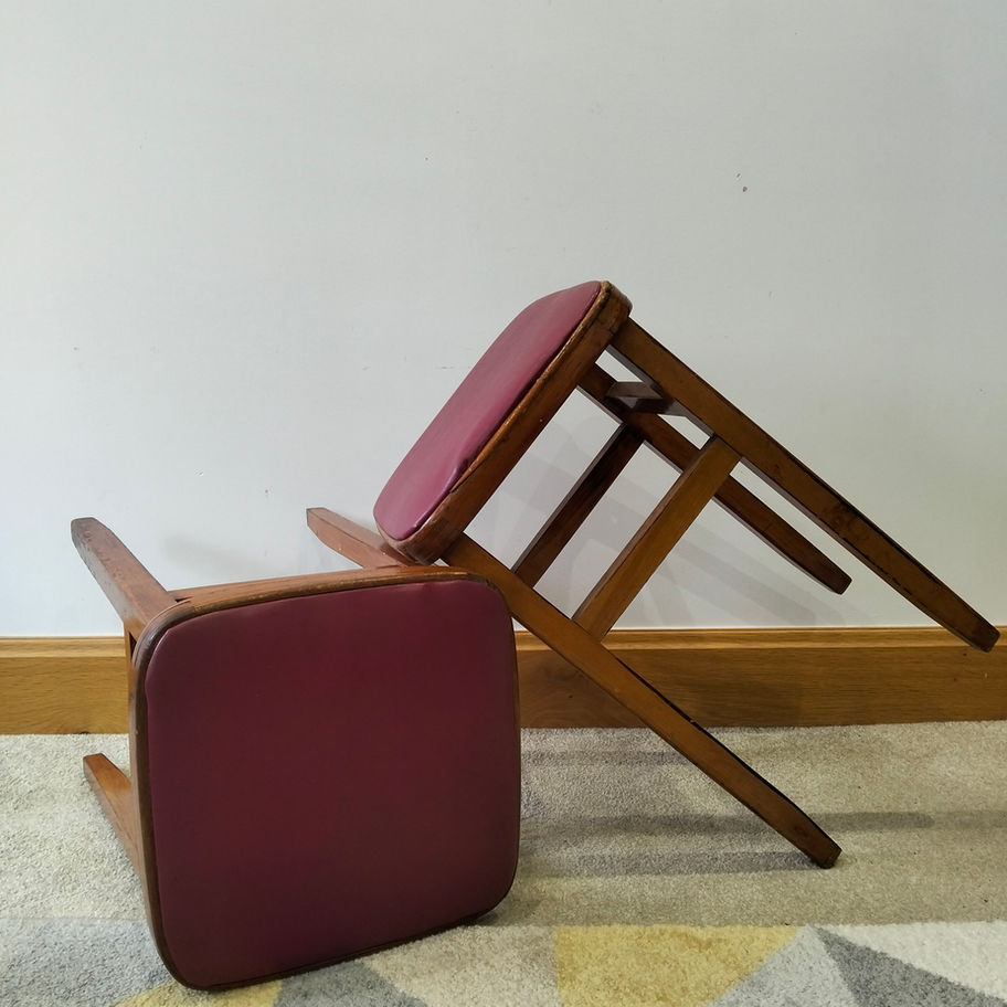 Vintage Wooden Stools with Red Upholstered Seats – Mid-Century Utility Charm