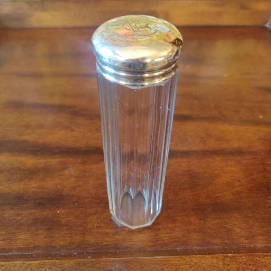 Vintage 1892 Victorian silver top and ribbed dressing table jar