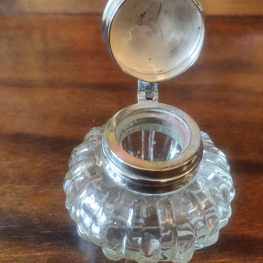 Vintage glass and probably silver plate ink bottle
